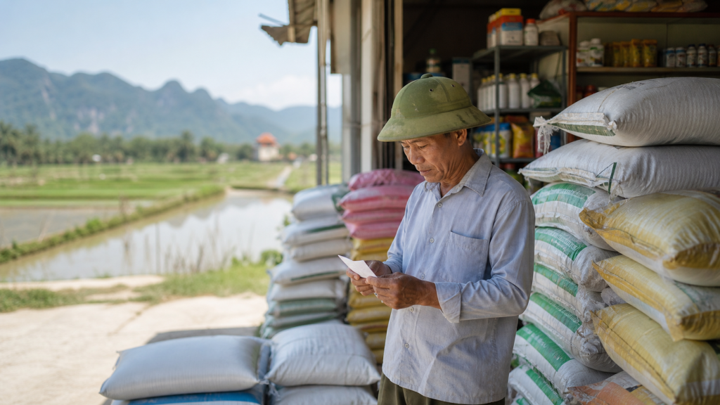 Nông dân kiểm tra chi phí phân bón tại cửa hàng vật tư nông nghiệp
